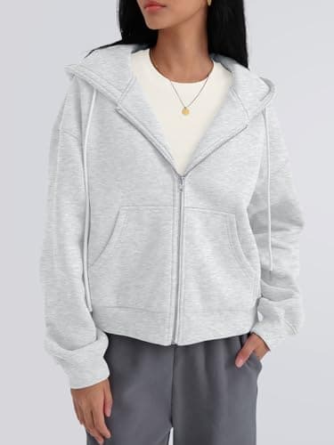 Trendy Queen Zip Up Hoodies For Women Oversized Sweatshirts Fall Fashion Outfits 2026 Cropped Pullover Sweaters Y2k Fleece Jackets Comfy Gym Tops Teen Girls Clothes Grey S