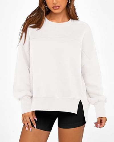 BTFBM Women's Casual Crewneck Sweatshirts 2026 Spring Long Sleeve Side Slit Workout Fleece Pullover Top Fashion Clothing(White, Medium)