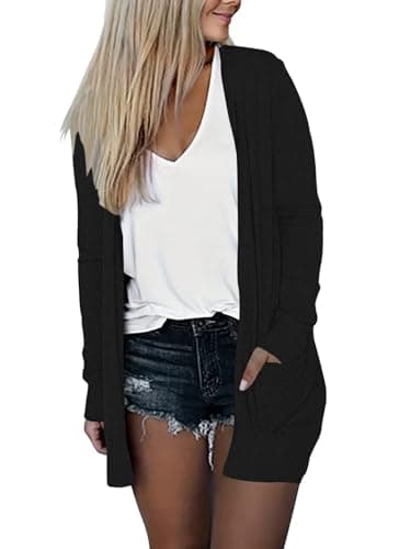 DB MOON Womens Long Cardigan Light Weight Sweater Long Sleeve Lightweight Open Front Fall Outfits with Pockets Black 01