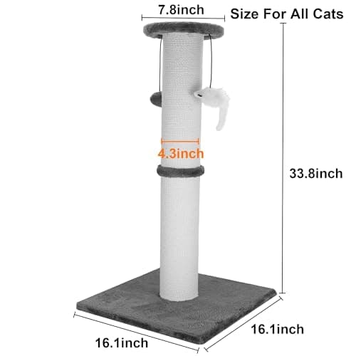 Ahomdoo Cat Scratching Post 34 Inches Heavy Duty and Thicker Cat Scratching Post Cotton Rope with Hanging Ball and Mice Scratching Post for Indoor Cats and Adult(Grey)