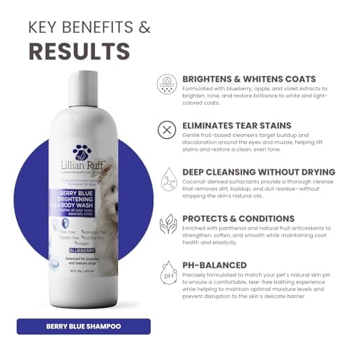 Lillian Ruff PRO Formula Berry Blue Brightening Pet Shampoo - Ultra-Hydrating Professional Whitening Dog Shampoo, Vivid Show-Quality Coat Enhancer, Tear Stain & Odor Eliminator With ProVitamin B5 16oz