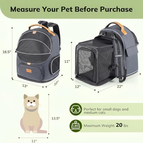 Morpilot Expandable Cat Carrier Backpack for Small Dogs & Cats Up to 25lbs, Breathable Mesh Pet Travel Backpack with Safety Leash, Foldable Airline Approved Carrier for Hiking Camping Outdoor, Grey