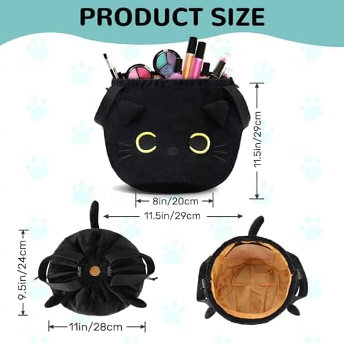 Funny Cat Drawstring Makeup Bag - Large Capacity Cute Travel Toiletry Bag Cosmetic Bag Pouch Organizer - Valentines Day Mothers Easter Birthday Unique Gifts for Women Girls Cat Lovers-Black