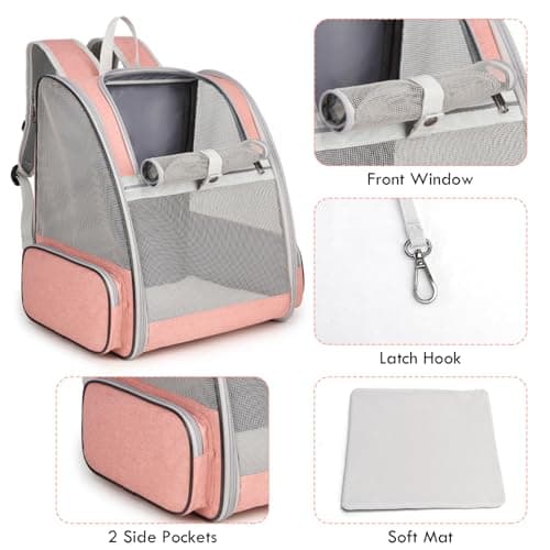 Cat Backpack Carrier, Large Pet Backpack with Kitten Wand Feather Toy for Medium Small Dog Cat Puppy Kitty Bunny up to 15lbs, Ventilated Mesh Dog Travel Carrier for Hiking Walking Outdoor Use (Pink)