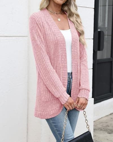 Lightweight Fall Cardigan Sweaters for Women Soft Fitted Travel Long Thin Cardigan with Pockets Pink XL