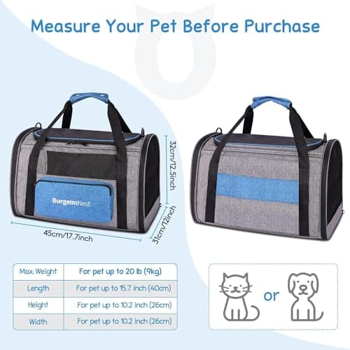 BurgeonNest Cat Carrier for Large Cats 20 lbs,Medium Pet Under 25 lbs,2 Puppy and Small Dogs with Unique Side Bag,Top Load Pet Carrier Soft-Sided Escape Proof with 4 Ventilated Windows