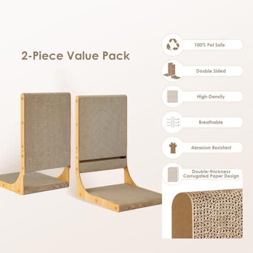 EHEYCIGA 2-Pack Cat Scratcher, 25.6 Inch L-Shaped Cardboard Scratch Pad for Indoor Cats, Vertical Cat Scratching Board with Ball Toy, Furniture Protector, Reversible Design for Double Life, Large