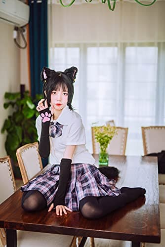 HOMEGYMFREE Cute Cat Paw Mittens Gloves, Kawaii Cat Cosplay Kawaii Soft 3D Toes Beans Fingerless Christmas Cat Claw Paws Pad Sleeve (Black Socks+Long Gloves)