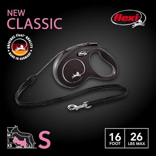 FLEXI New Classic Cord Retractable Dog Leash for Small Dogs up to 26 lbs. – 16 ft., Black | Tangle-Free Pet Walking Leash with One-Handed Brake, Pause, Lock|German Quality Product