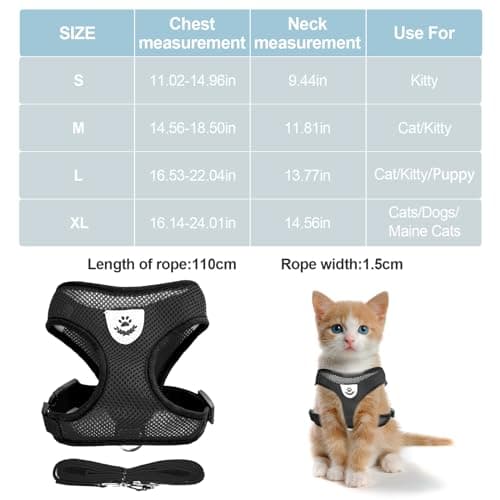 shudyear Summer cat Chest Harness and Leash, Anti-Escape Adjustable Soft mesh cat Leash and Chest Harness Set for All Types of Cats cat Vests (Size M,Black)