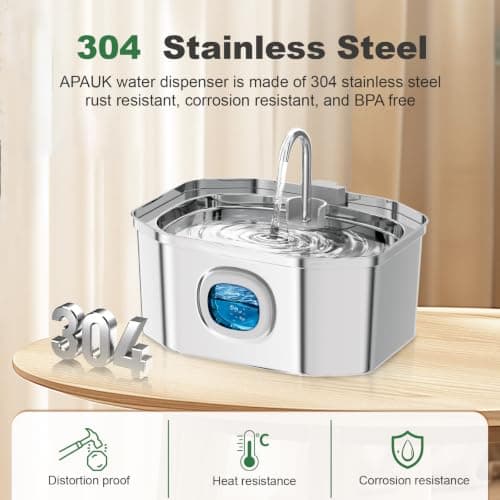 Cat Water Fountain Stainless Steel 108oz/3.2L, APAUK Automatic Pet Fountain Dog Water Dispenser with Water Level Window, Quiet Cat Fountain for Drinking, Inside with Replacement(1 Filter&1 Sponge)