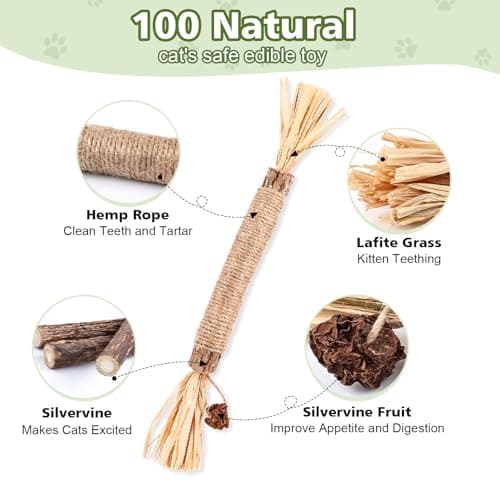 WOUSEDO 6 Pack Silvervine Sticks Cat Toy, Natural Chew Stick for Dental Care Teeth Cleaning,Matatabi Cat nip Treat Toys for Indoor Cats& Kittens