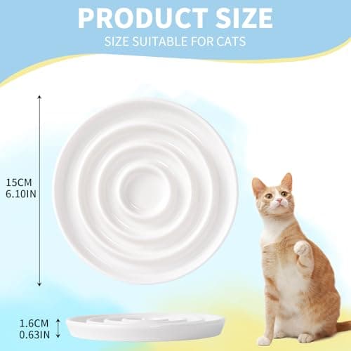 Ceramic Cat Slow Feeder,Shallow and Wide Opening Dish for Whisker Friendly,Anti Knocked Over Heavy Plate Bowls for Puppy Kitten Dry and Wet Food