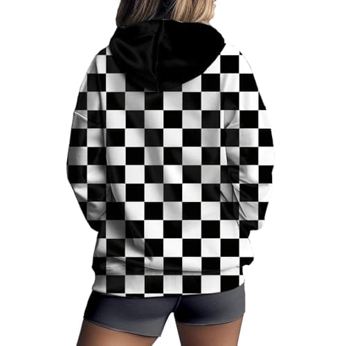 ADDARTS Womens Checkered Cardigan Plaid Jackets Zip Up Hoodie Casual Drawstring 3D Printed Fall Checkered Sweatshirts with Pocket L