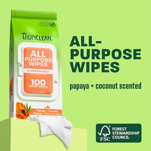 TropiClean Papaya & Coconut Luxury 2-in-1 Pet Wipes, 100ct - Wipes for Dogs & Cats - Gently Removes Dirt, Dander & Smells - for Pet Paws, Face, Body & Bottom - Tropical Papaya & Coconut Scent