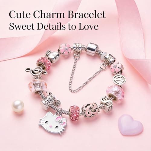 Cute Cat Charm Bracelet for Women, 2.4" Diameter Adjustable Enamel Bangle with Sparkly Cubic Zirconia and Simulated Gemstones, Kawaii Fashion Jewelry Gift for Birthday, Valentine’s Day, Christmas