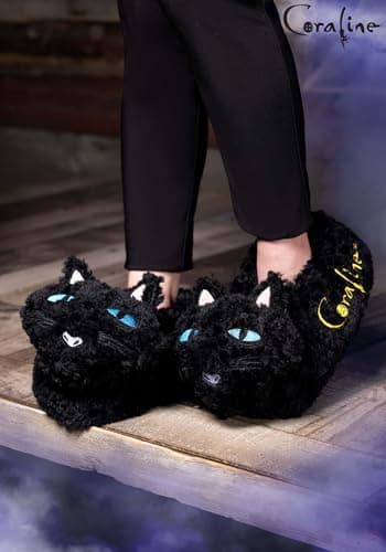 Fun Costumes Coraline Cat Adult Slippers - Polyester, Embroidered Details, Foam Soles, Anti-Slip Grips, Officially Licensed