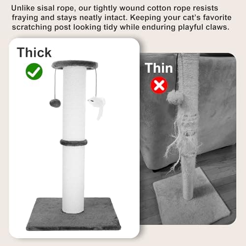 Ahomdoo Cat Scratching Post 34 Inches Heavy Duty and Thicker Cat Scratching Post Cotton Rope with Hanging Ball and Mice Scratching Post for Indoor Cats and Adult(Grey)