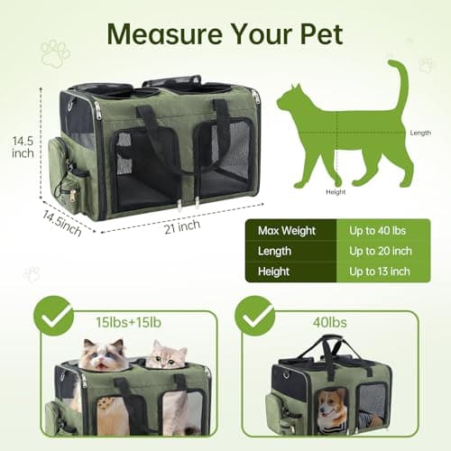 TOYSBOOM Cat Carrier for 2 Cats - Double Pet Carrier Extra Large, Dual Cabin Multi Cat Travel Carrier with Removable Divider, Collapsible, Can Hold 20 30 40 lbs for Two Small Kitten, Medium Dog Green