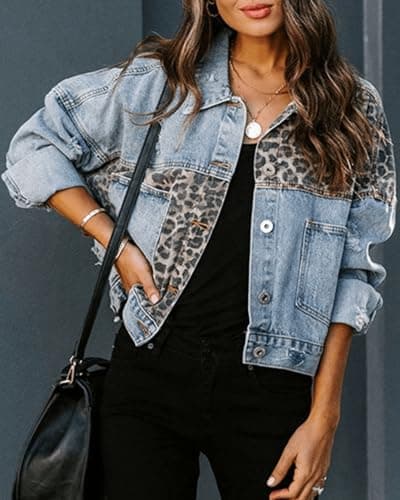 RINTONIX Womens Button Down Distressed Leopard Denim Jean Jacket Washed Long Sleeve Ripped Cheetah Jean Coat(BE-M)
