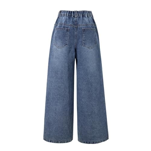 Nivne Tco Tween Girls Wide Leg Jeans Washed High Waist Cat's Whiskers Denim Pants with Zipper Fly, Casual Jeans for Girls (US, Age, 12 Years, Blue)