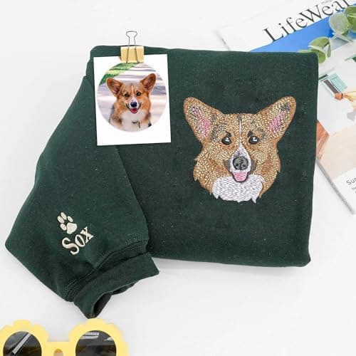 Custom Portrait Dog Embroidered Sweatshirt with Name on Sleeve, Personalized Women Shirt for Mom Dad, Embroidery Sweatshirt, Customized Gifts Christmas, Birthday Gift Multicolor