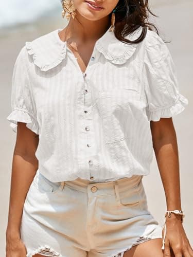 Tankaneo Womens Puff Sleeve Shirts Peter Pan Collar Button Down Cotton Blouse Casual Summer Textured Tops White
