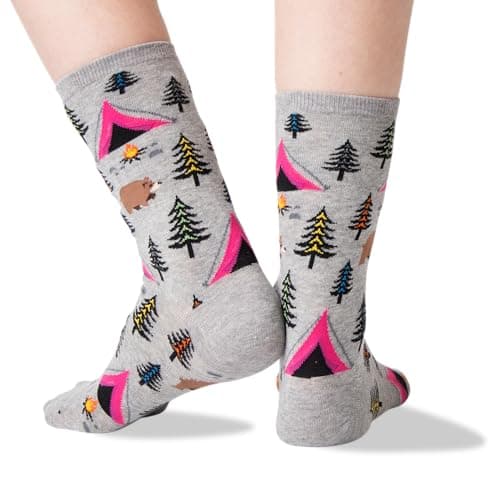 Hot Sox Women's The Great Outdoors Novelty Crew Socks Sockshosiery, Bear Tent (Sweatshirt Grey), Shoe Size: 4-10 (Sock Size: 9-11)
