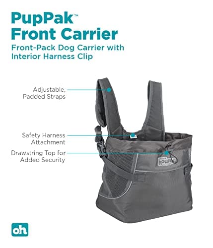Outward Hound PupPak Dog Front Carrier, Medium, Grey – Hands-Free Hiking & Camping Pet Backpack for Small Pets up to 20 lbs, Padded Straps, Breathable Mesh, Water-Resistant, Safety Clip