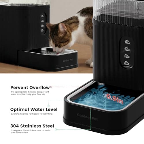 Gardner Pet 2.2 Gallon Automatic Dog Water Bowl Dispenser 8.5L Gravity Water Feeder with Stainless Steel Bowl & Maifan Stone Filter, BPA-Free for for Cats and Dogs (Black, 2.2 Gallon)