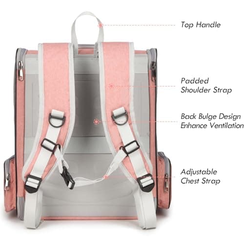 Cat Backpack Carrier, Large Pet Backpack with Kitten Wand Feather Toy for Medium Small Dog Cat Puppy Kitty Bunny up to 15lbs, Ventilated Mesh Dog Travel Carrier for Hiking Walking Outdoor Use (Pink)