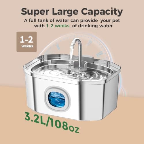 Cat Water Fountain Stainless Steel 108oz/3.2L, APAUK Automatic Pet Fountain Dog Water Dispenser with Water Level Window, Quiet Cat Fountain for Drinking, Inside with Replacement(1 Filter&1 Sponge)