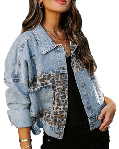 RINTONIX Womens Button Down Distressed Leopard Denim Jean Jacket Washed Long Sleeve Ripped Cheetah Jean Coat(BE-M)