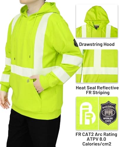 BOCOMAL FR Hoodies Pullover High Visibility 7.5oz Lightweight Non Fleece Hi vis Flame Resistant Reflective Hooded Sweatshirts