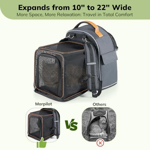 Morpilot Expandable Cat Carrier Backpack for Small Dogs & Cats Up to 25lbs, Breathable Mesh Pet Travel Backpack with Safety Leash, Foldable Airline Approved Carrier for Hiking Camping Outdoor, Grey