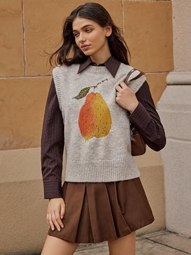 CIDER Women’s Sweater Vest Knit Sleeveless Pear Cute Graphic Sweater Vest Tank Top Fall Outfits Khaki