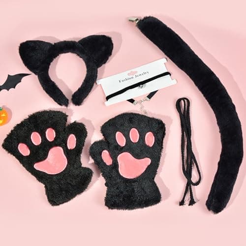 Gofriipai Black Cat Costumes, Cat Ears Headband Tail Paws Gloves Collar Set, Costumes for Women, Halloween Costume Accessories for Adults Girls