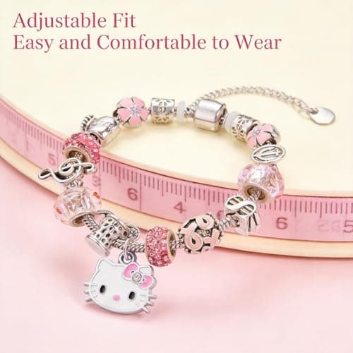 Cute Cat Charm Bracelet for Women, 2.4" Diameter Adjustable Enamel Bangle with Sparkly Cubic Zirconia and Simulated Gemstones, Kawaii Fashion Jewelry Gift for Birthday, Valentine’s Day, Christmas
