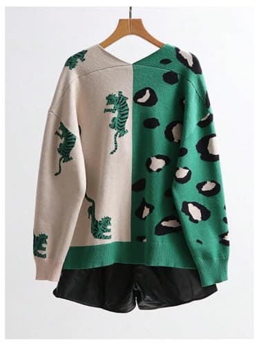 WDIRARA Women's Leopard Tiger Print Cardigan V Neck Long Sleeve Color Block Button Down Sweater Outwear Green Multicolor Large