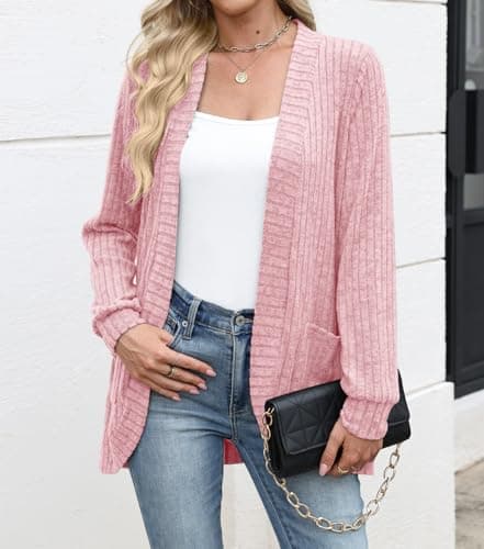 Lightweight Fall Cardigan Sweaters for Women Soft Fitted Travel Long Thin Cardigan with Pockets Pink XL