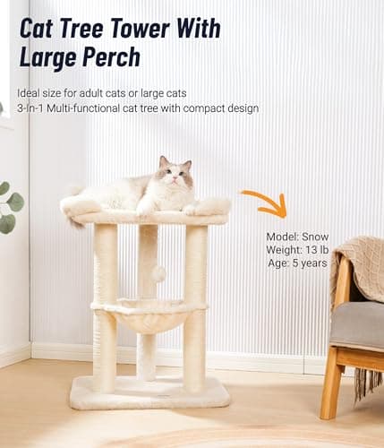 Happi N Pets 28" Cat Tree, Large Bed for Big Cats, Small Cat Tower with Soft Perch for Window Viewing, Stable Cat Tree Tower, Cat Scratching Post with Hammock, Removable Cover-Beige