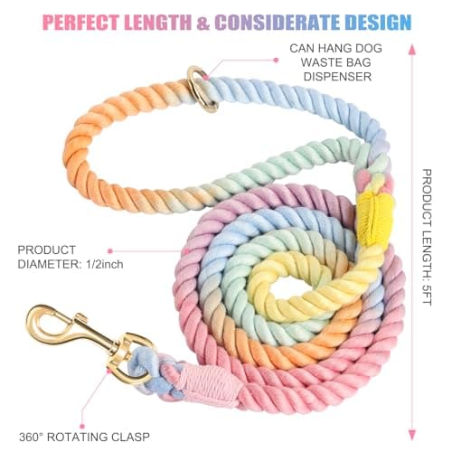 NUGUTIC Dog Leash 5 FT Handmade Braided Cotton Rope Leashes for Small Medium and Large Dogs, New Golden Heavy Duty Metal Clasp, Colorful Macaron