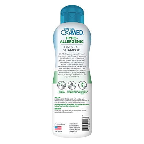 TropiClean OxyMed Hypoallergenic Dog Shampoo for Allergies and Itching, Skin Soothing Shampoo for Pets with Sensitive Skin, Tearless, Cat Safe, 20oz.