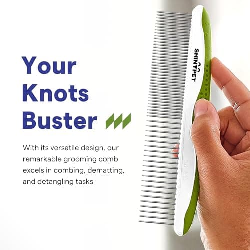 Dog & Cat Comb – Removes Tangles, Knots, and Matted Fur – Grooming Tool with Stainless Steel Teeth and Non-Slip Handle – Best Pet Hair Comb for Home Grooming Kit – Includes eBook Guide