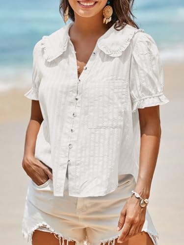 Tankaneo Womens Puff Sleeve Shirts Peter Pan Collar Button Down Cotton Blouse Casual Summer Textured Tops White