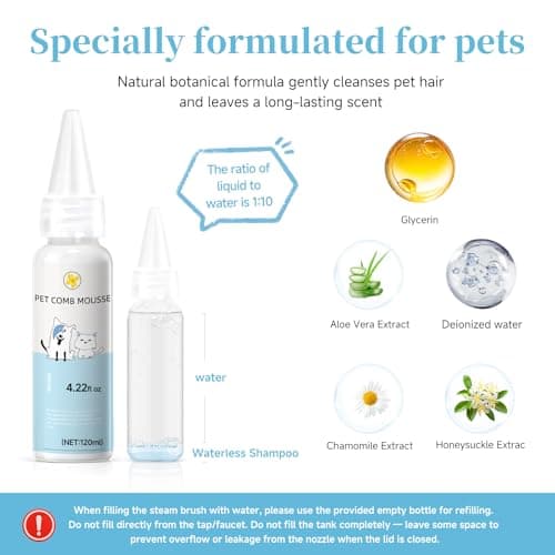 Pet Steam Brush for Dog & Cat - 3-in-1 Steam Grooming Brush for Shedding & Hair Removal - Self Cleaning Spray Comb with Mist for Long Haired Pets - Includes 1*Waterless Shampoo, Blue.