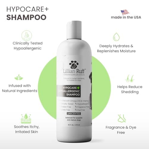 Lillian Ruff PRO Formula HypoCare+ Oatmeal Dog Shampoo | Clinically Tested Hypoallergenic Formula for Itch & Allergy Relief – Fragrance-Free with Aloe, Vitamin E & Pro-Vitamin B5 – Made in USA
