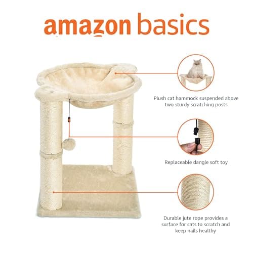 Amazon Basics Cat Tower with Hammock Bed and Scratching Post for Indoor Cats, Easy to Assemble, Interactive Hanging Ball, 15.8" x 15.8" x 19.7", Beige