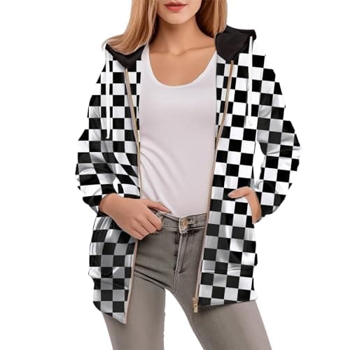 ADDARTS Womens Checkered Cardigan Plaid Jackets Zip Up Hoodie Casual Drawstring 3D Printed Fall Checkered Sweatshirts with Pocket L
