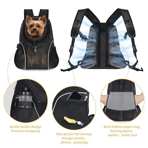 WOYYHO Pet Dog Carrier Backpack Small Dog Front Backpack Ventilated Mesh Dog Travel Back Pack with Safety Belt for Travel Hiking Cycling Outdoor Adventures (Size L: 10-14 lbs, Black)